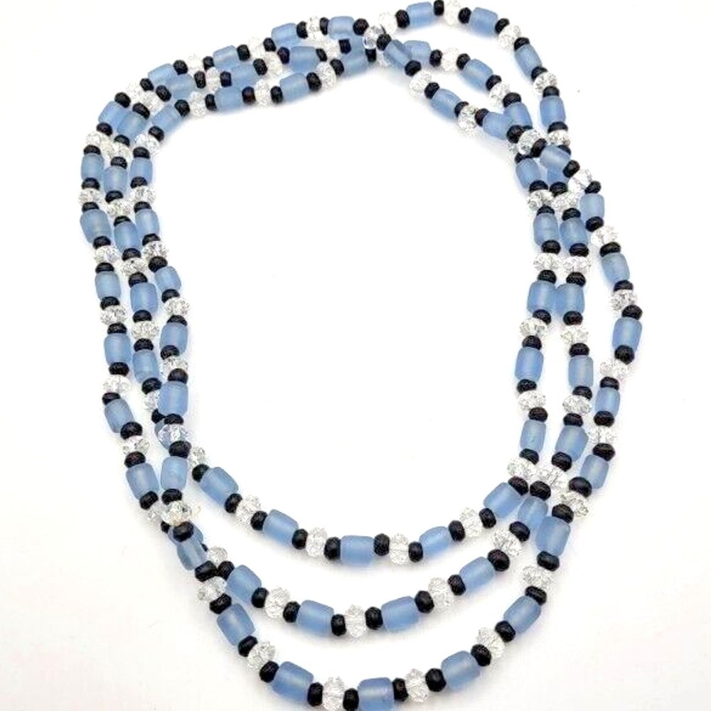 Long‎ 48" Handmade Glass Bead Necklace Frosted Blue Faceted Clear and Black